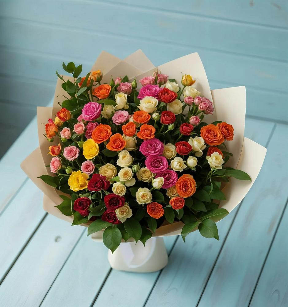 Букет Микс из разноцветных кустовых роз в Пестово Новгородская область